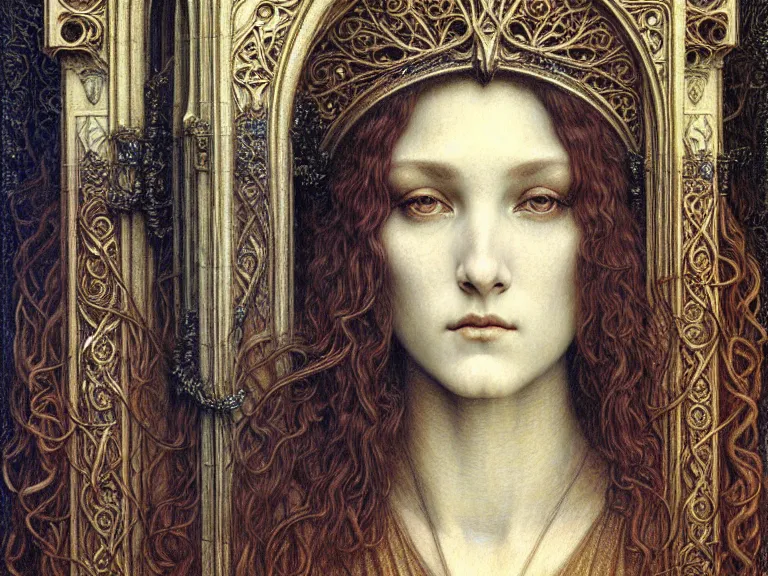 Image similar to detailed realistic beautiful young medieval queen face portrait by jean delville, gustave dore and marco mazzoni, art nouveau, symbolist, visionary, gothic, pre - raphaelite. horizontal symmetry