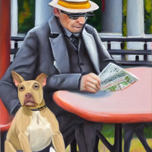 Image similar to A gray pit bull wearing a newsboy cap while reading the newspaper at an outdoor table at Parisian cafe. Acrylic on canvas.