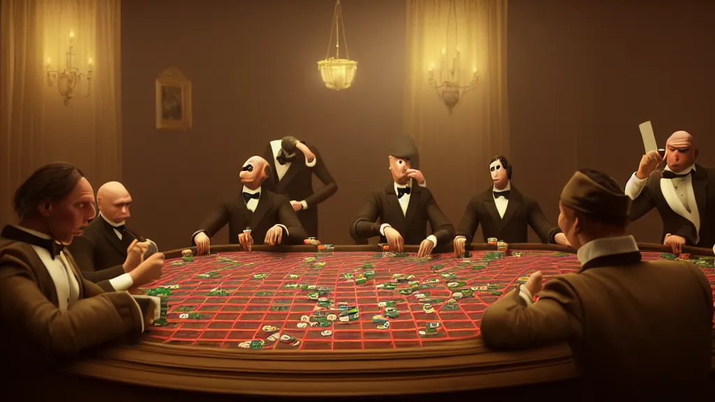 Image similar to hyperrealism simulation highly detailed human turtles'wearing detailed tuxedos and smoking, playing poker in surreal scene from renaissance movie from future by wes anderson and denis villeneuve and mike winkelmann rendered in blender and octane render