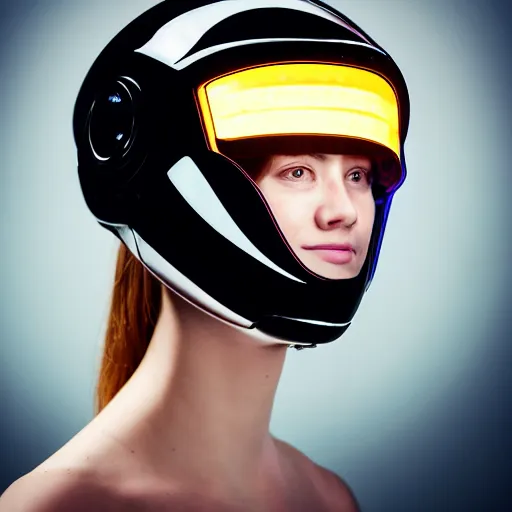 Image similar to photo of robot with 2 0 yo girl inside, leds visor helmet, profile pose, bust shot, high detail, studio, black background, smoke, sharp, cyberpunk, 8 5 mm sigma art lens