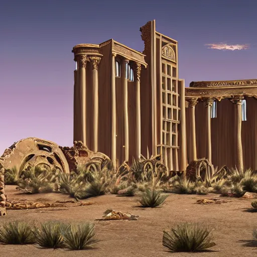 Image similar to matte painting of ruins in the desert of the trump hotel and casino, desert ruins, ozymandias