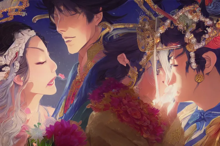 Prompt: close up moment of a divine a japan sun god and a moon goddess lovers magician at a wedding banquet, highly detailed, d & d, fantasy, 4 k realistic, digital painting, trending on artstation, concept art, sharp focus, illustration, art by makoto shinkai and akihiko yoshida and daniel gerhartz