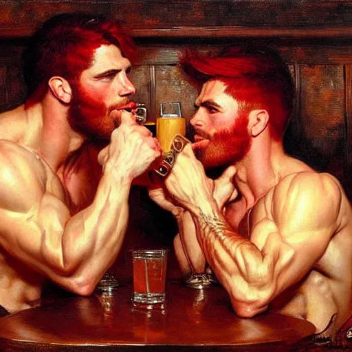 Image similar to attractive muscular male with red hair with muscular attractive male with black hair, drinking their hearts out, in a pub. very defined and highly detailed painting by gaston bussiere, j. c. leyendecker, craig mullins 8 k