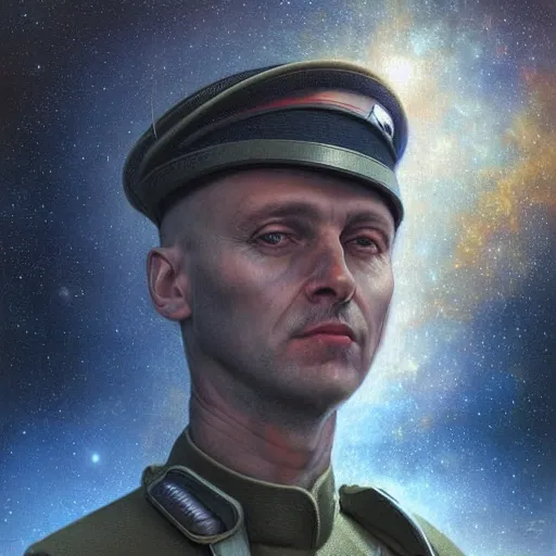 Image similar to id photo of a space officer in military outfit, art by tomasz alen kopera