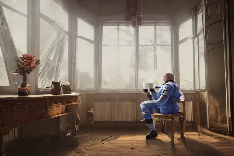 Image similar to a single cosmonaut in a spacesuit drinks a steaming cup of tea at an old wooden desk in a richly decorated Victorian house. the autumn light comes in through a window and dimly illuminates the room, diffuse light, octane render