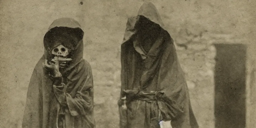 Prompt: hermit wearing a scary mask to scare off people, 1900s picture
