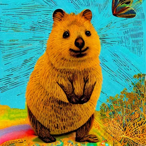 Image similar to detailed illustration, a portrait of a happy quokka on rotttnest island constructed from colored paper, collage, may gibbs, layered composition, layers, texture, textured, layered, sculpted, dynamic, 🦋,