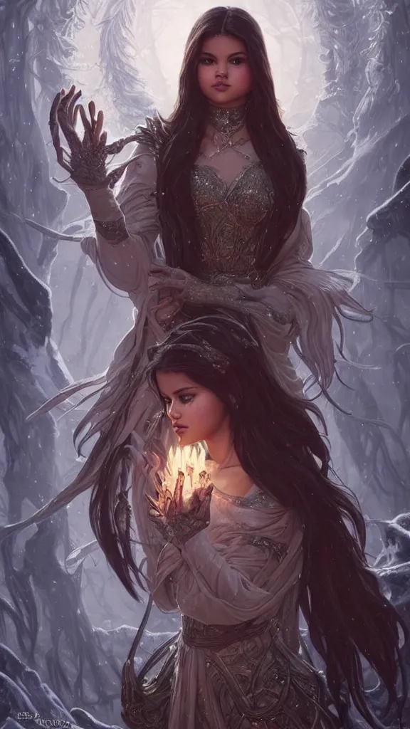 Image similar to Selena Gomez casting an frost spell, D&D, fantasy, intricate, elegant, highly detailed, digital painting, artstation, concept art, matte, sharp focus, illustration, hearthstone, art by Artgerm and Greg Rutkowski and Alphonse Mucha