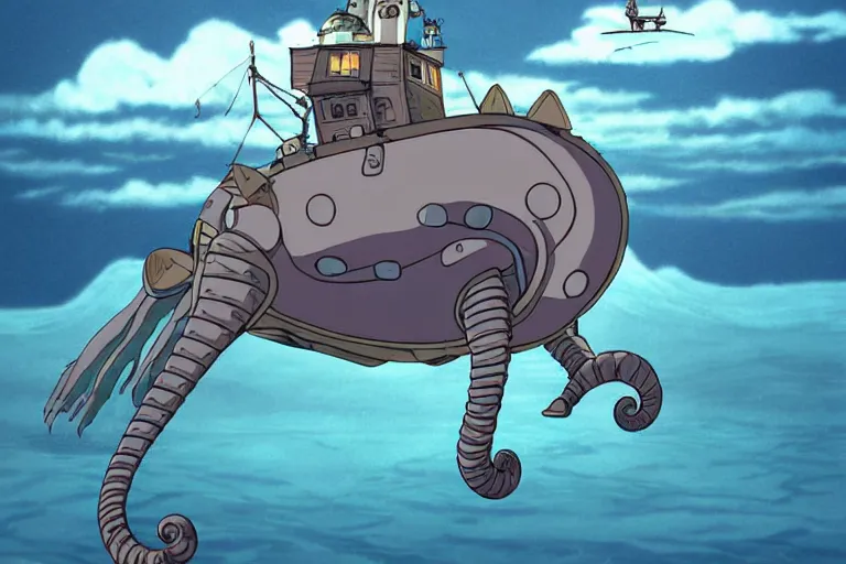 Image similar to cell shaded cartoon of a giant mechanized grey seahorse from howl's moving castle ( 2 0 0 4 ), floating above an icy river, full body, wide shot, very muted colors, post grunge, studio ghibli, highly detailed, deviantart, art by artgem