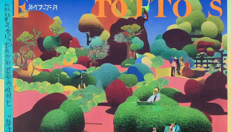 Image similar to Japan rural splendor travel and tourism c2050, surrealist psychedelic collage painting in the style of Forbes magazine, +81 magazine, Magritte, Roger Dean, Yoshio Awazu, vivid color