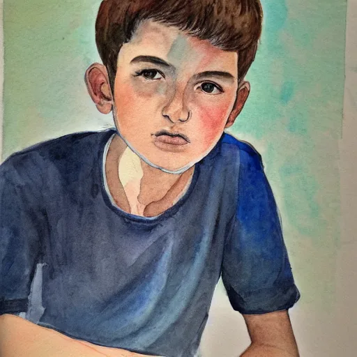 Image similar to Portrait of 14 years old boy, aquarelle