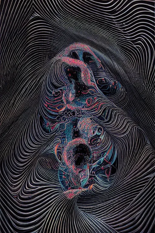 Image similar to Freeform ferrofluids, beautiful dark chaos, swirling black frequency by James Jean