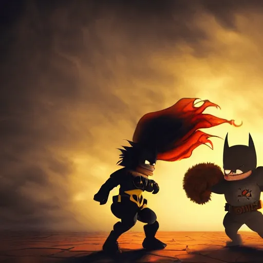 Prompt: dark knight fighting Bart Simpson, high fantasy painting, realistic, rule of thirds, cinematic, dramatic lighting, 8K