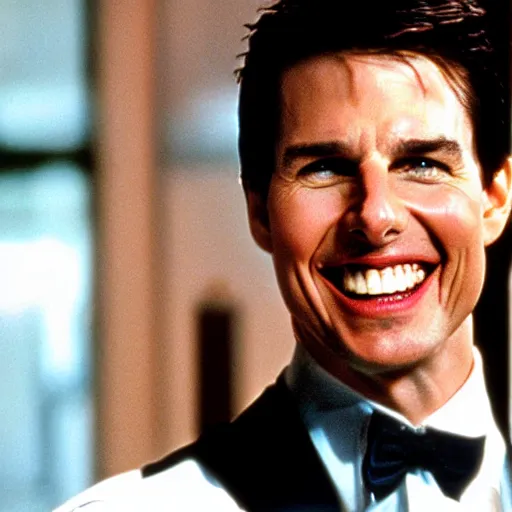 Image similar to Tom Cruise with a psychotic grin, as Patrick Bateman in American Psycho (2000)