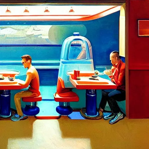 Prompt: two astronauts sitting in the corner booth at a greasy diner on the moon, edward hopper painting, iconic, stunning light