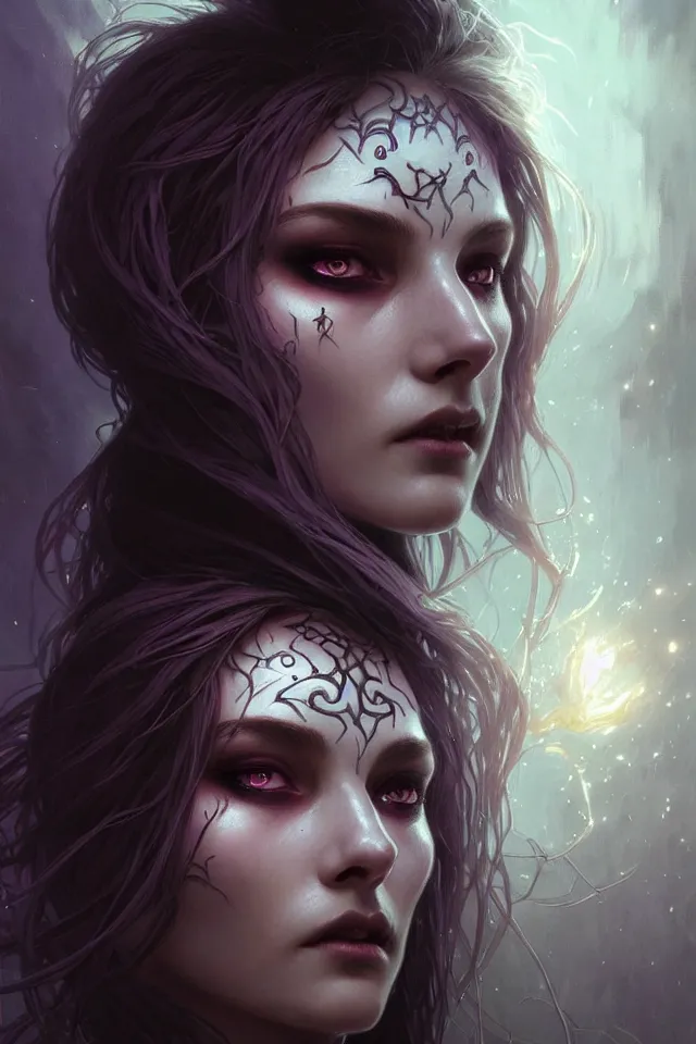 Image similar to Necromancer Sorceress face close-up macro in center, fantasy magic, undercut hairstyle, dark light night, intricate, elegant, sharp focus, illustration, highly detailed, digital painting, concept art, matte, art by WLOP and Artgerm and Greg Rutkowski and Alphonse Mucha, masterpiece