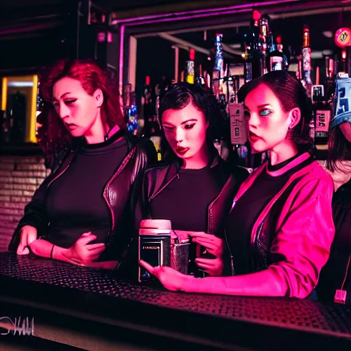 Image similar to photograph of a retro techwear group of women loitering near the bar of a packed busy rundown nightclub, retrofuturism, brutalism, cyberpunk, sigma 85mm f/1.4, 15mm, 35mm, long exposure, 4k, high resolution, 4k, 8k, hd, wide angle lens, highly detailed, full color, harsh light and shadow