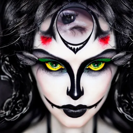Image similar to gorgeous portrait of a woman as personification of envy (from 7 deadly sins), eyes on camera,intricate detail and composition, symmetric, eyes staring at camera, symmetric face paint, Leica Vario-Elmar-S 30-90mm f/3.5-5.6 ASPH