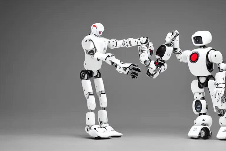 Image similar to two sleek white mechanical robots operating on each other at the same time