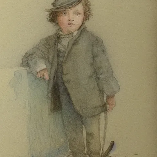 Image similar to portrait of a child standing and facing front looking strait ahead a muted color watercolor sketch of story book character ifrom the book Baltimore & Redingote by Jean-Baptiste Monge of an old man in the style of by Jean-Baptiste Monge that looks like its by Jean-Baptiste Monge and refencing Jean-Baptiste Monge