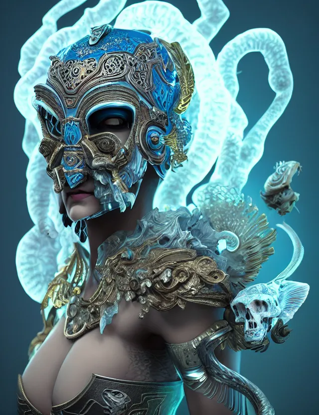 Image similar to 3 d goddess close - up profile portrait russian batman with ram skull. beautiful intricately detailed mask and weapon. betta fish, jellyfish phoenix, bio luminescent, plasma, ice, water, wind, creature, artwork by tooth wu and wlop and beeple and greg rutkowski