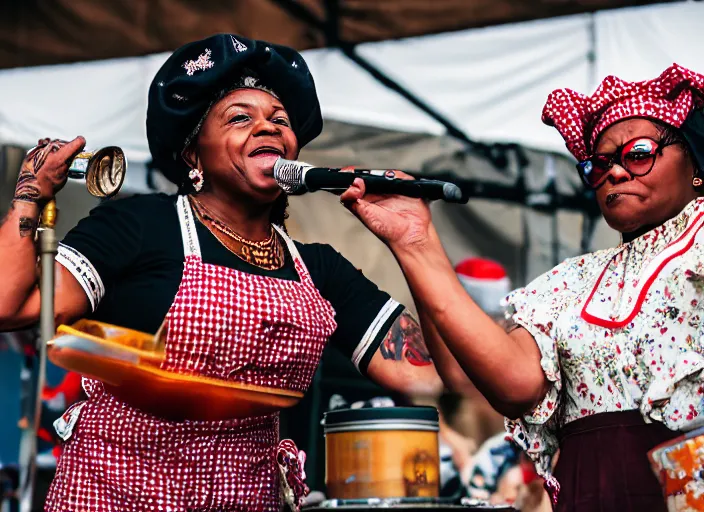 Image similar to photo still of aunt jemima in period attire at vans warped tour!!!!!!!! at age 4 0 years old 4 0 years of age!!!!!!! on stage pouring maple syrup on the crowd, 8 k, 8 5 mm f 1. 8, studio lighting, rim light, right side key light