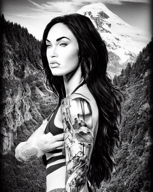 Prompt: megan fox face blended with beautiful mountain scenery, in the style of dan mountford, tattoo sketch, double exposure, hyper realistic, amazing detail, black and white