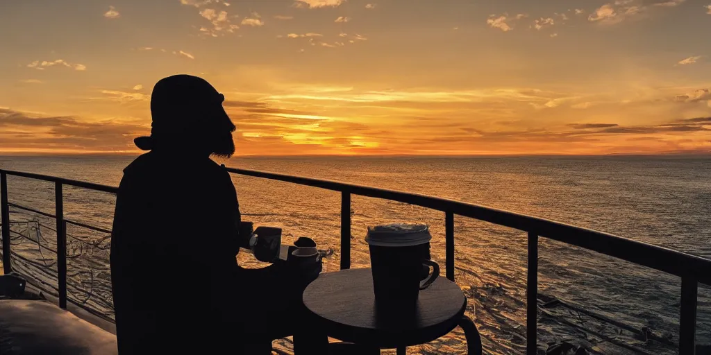 Prompt: cthulhu drinking his coffee while sitting on the balcony, sunset background, golden hour