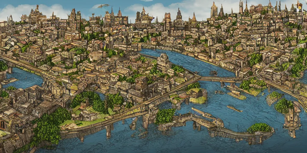 Image similar to Illustration, single long narrow huge ancient city on a narrow sky high bridge, over water, really long, all buildings on bridge