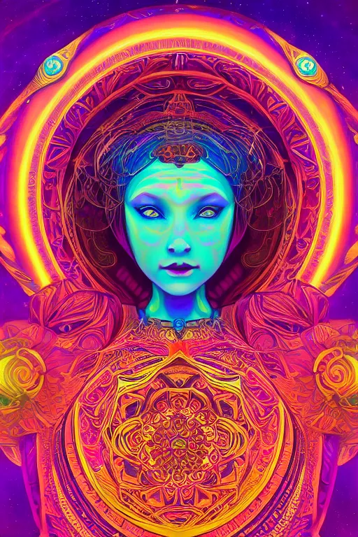 Prompt: beautiful goddess of space and dreams, psychedelic, mandala, coherent design, symmetrical, face by artgerm, trending on artstation, vivid color, complementary color, golden ratio, detailed, sharp lines, sharp focus, intricate, rainbowshift, maxfield parrish, alphonse mucha, deviantart, octane render