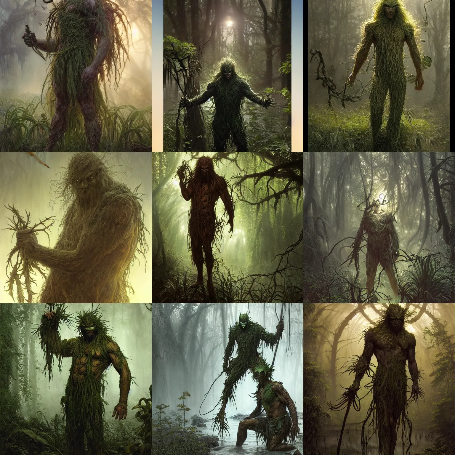 Prompt: ( bakunin ) as swamp thing at dusk, misty athmosphere, ultra realistic, concept art, intricate details, eerie, highly detailed, photorealistic, octane render, 8 k, unreal engine. art by ed blinkley andartgerm and greg rutkowski and alphonse mucha