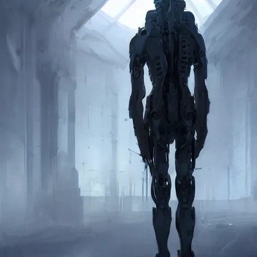 Image similar to concept art by greg rutkowski, a very tall and slender cyborg, standing in front of a large rectangular looking space, high tech and futuristic white walled environment, unnatural lighting, uncanny atmosphere, frightening and creepy atmosphere, scifi, highly detailed portrait, digital painting, artstation, concept art, smooth, sharp foccus ilustration, artstation hq