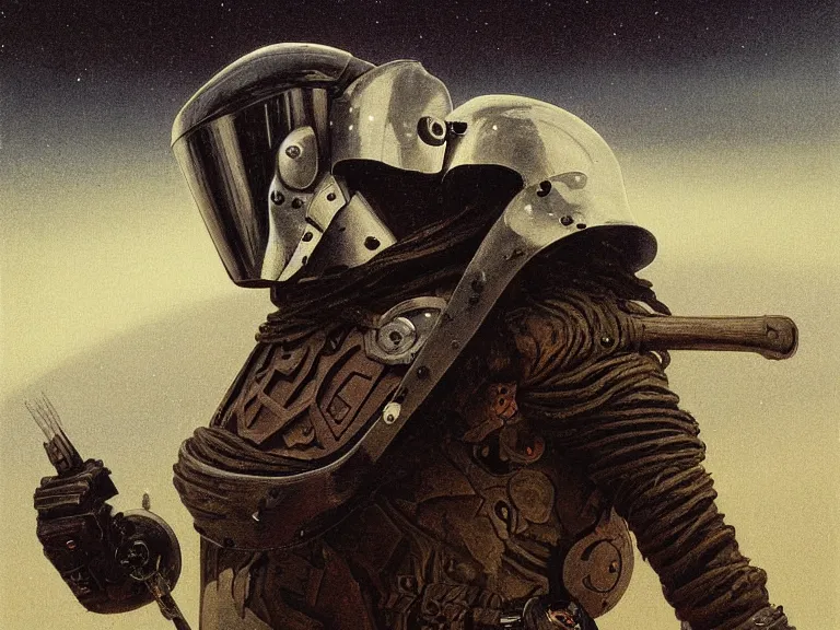 Image similar to a detailed profile painting of a bounty hunter in polished armour and visor. Fencing mask and cape. cinematic sci-fi poster. Cloth and metal. Welding, fire, flames, samurai Flight suit, accurate anatomy portrait symmetrical and science fiction theme with lightning, aurora lighting clouds and stars. Clean and minimal design by beksinski carl spitzweg giger and tuomas korpi. baroque elements. baroque element. intricate artwork by caravaggio. Oil painting. Trending on artstation. 8k