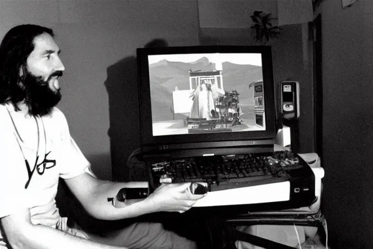 Prompt: a Photo made with a disposable camera of Jezus Christ playing a DOS game on his Personal Computer, in the year 1989