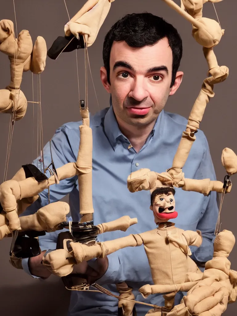 Image similar to close up photograph of nathan fielder behind a puppet stage controlling a marionette by the strings, high detail, 8 k, photorealism, sharp focus, volumetric lighting