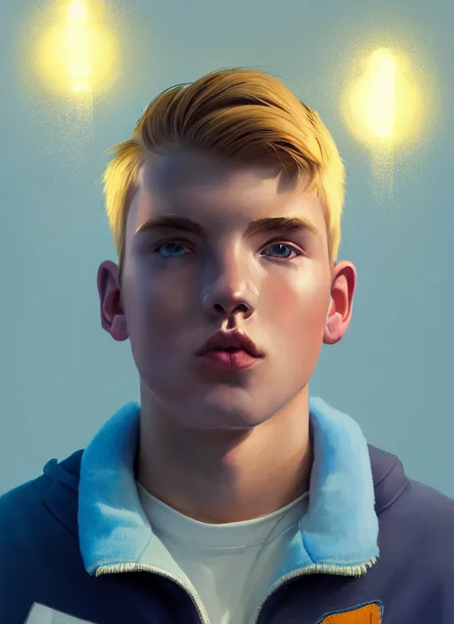 Image similar to portrait of high school senior boy named big moose, blonde short hair, jock, beefy, wide face, square jaw, square facial structure, blue varsity jacket with letter r, intricate, elegant, glowing lights, highly detailed, digital painting, artstation, concept art, sharp focus, illustration, art by wlop, mars ravelo and greg rutkowski