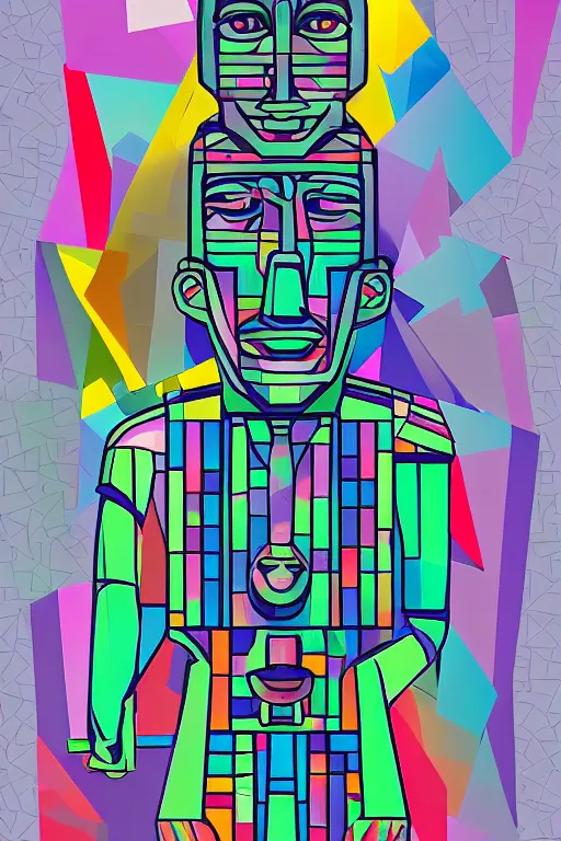 Prompt: cubist moai statue cutout digital illustration cartoon colorful beeple