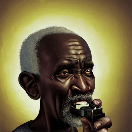 Image similar to An old african man raging and screaming and Television, holding a controller. Nice rimlight. By ilya kuvshinov, krenz cushart, Greg Rutkowski, trending on artstation. Sharp highlights, amazing textured brush strokes, accurate shape, cinematic soft, 8k, VFX, dramatic lighting, psychedelic colouring