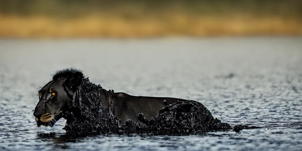 Image similar to a black lioness, made of ferrofluid, bathing inside the lake of tar, full of goo, covered with ferrofluid. dslr, photography, realism, animal photography, color, savanna, wildlife photography