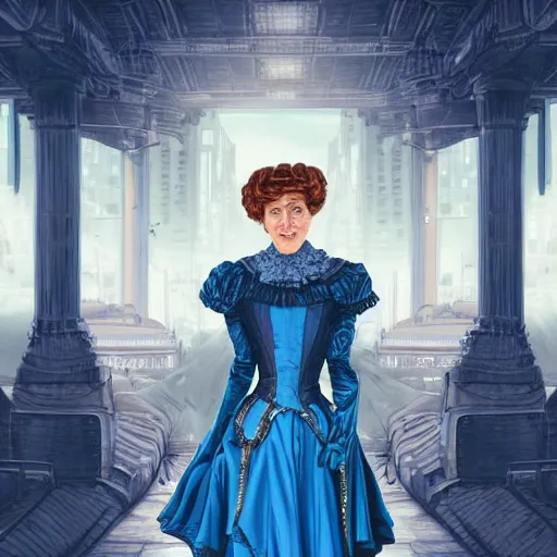 Prompt: portrait of a victorian lady in a futuristic city, streets, beautiful, blue, highly detailed, digital painting