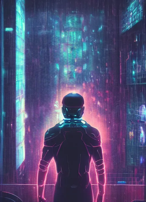 Prompt: one cyber godly person made of cosmic nebula galaxy energy watching a rainy colorful complex cyberpunk futuristic city from behind at night through a window in a room, reflections, high contrast, 8 k, photorealistic, concept art, wet, highly detailed, cinematic mood by ridley scott, ghost in the shell, trending on artstation, glowing lights, sharp focus, epic