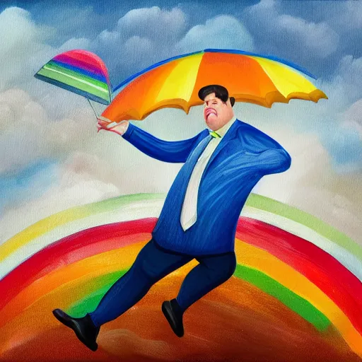 Prompt: complex illustration of a excessively rotund man juggling twinkies, cycling upon a tight rope in the rain, holding a rainbow umbrella, oil painting, knife palette, with a jolly expression, misty, cobblestone background