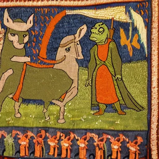 Image similar to medieval tapestry depicting shrek and donkey