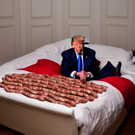 Prompt: Donald Trump in a bed covered in sausages, Canon EOS R3, f/1.4, ISO 200, 1/160s, 8K, RAW, unedited, symmetrical balance, in-frame