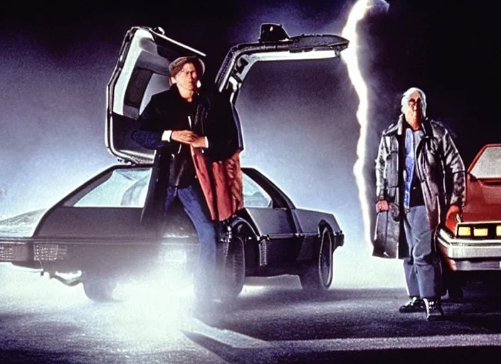 Image similar to screenshot from the iconic scene from the lost Back to the Future film directed by Martin Scorsese, cinematic lighting, unsettling set design with extreme detail, moody cinematography, with anamorphic lenses, crisp, detailed, 4k image, starring Marty Mcfly