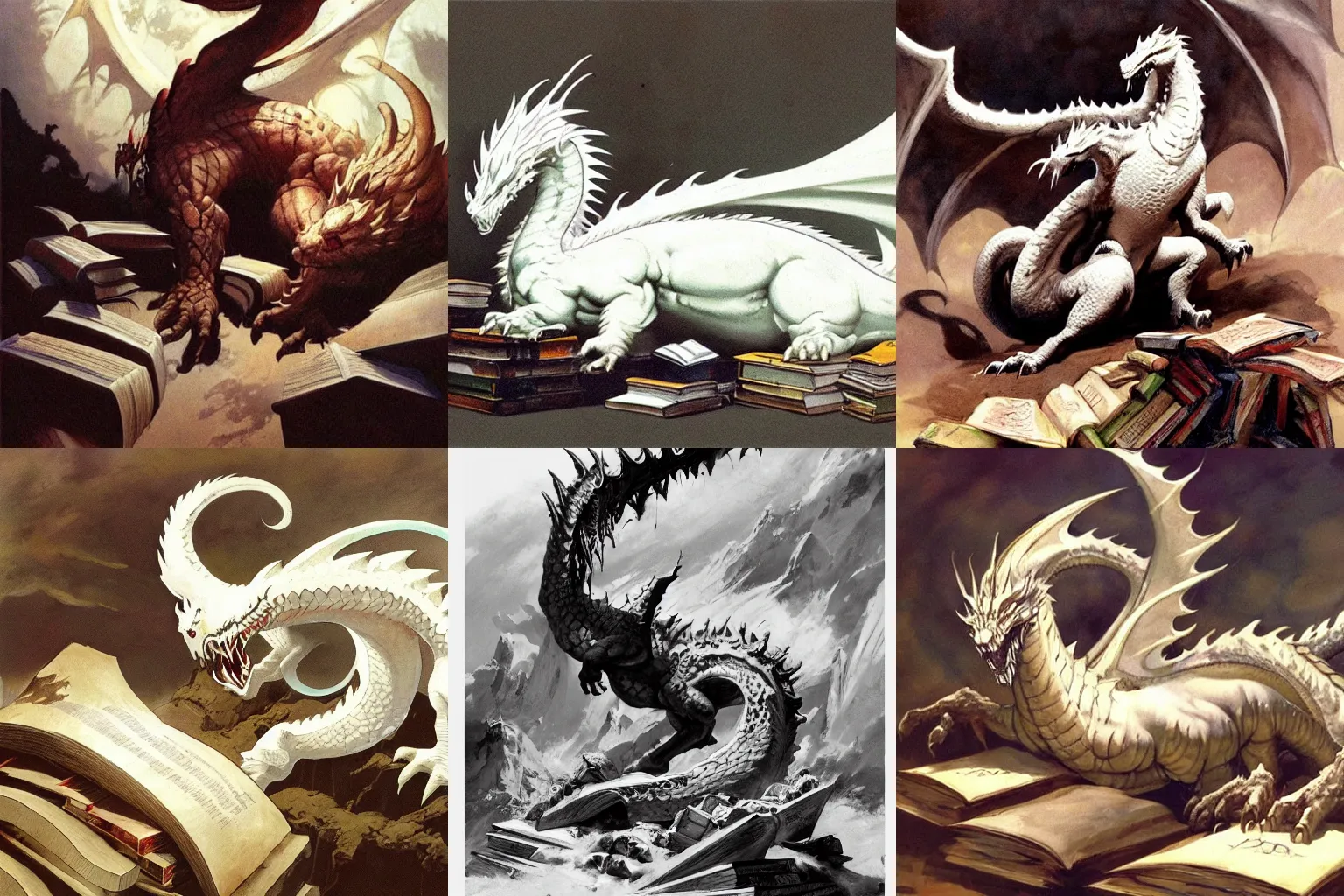 A huge white dragon sleeping on a hoard of books, by, Stable Diffusion