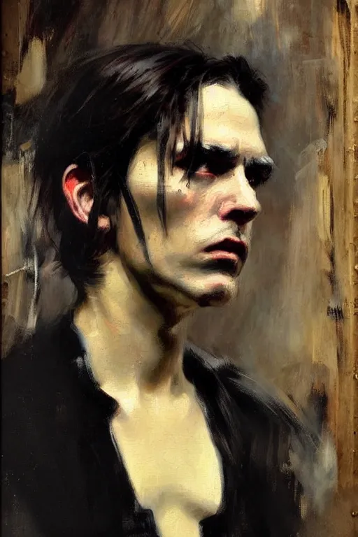 Prompt: impressionist brushstrokes!!!! giger and artgerm and richard schmid and jeremy lipking victorian loose genre loose painting full length portrait painting of a victorian male vampire