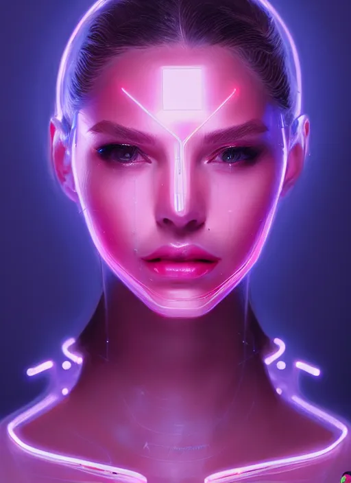 Image similar to portrait of female humanoid in transparent acrylic fashion wear, intricate, elegant, cyber neon lights, highly detailed, digital photography, artstation, glamor pose, concept art, smooth, sharp focus, art by artgerm and greg rutkowski