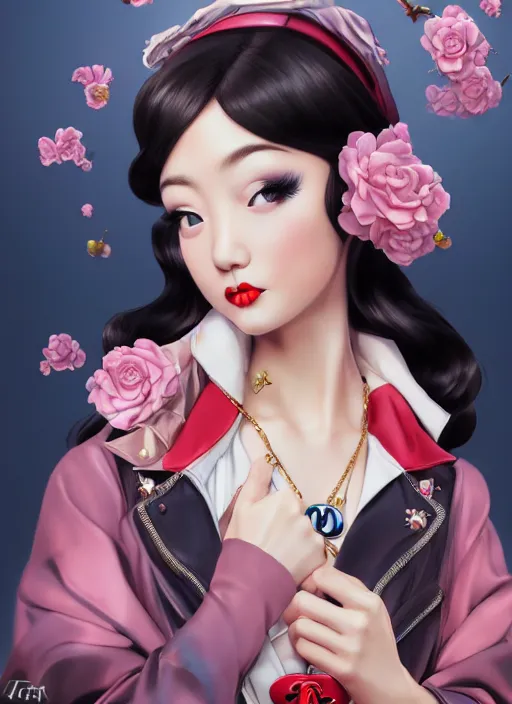 Image similar to a pin up and beautiful fashion dreamlke japan girl with lv jewelry, character art, art by artgerm, wlop, loish, hyperdetailed, 8 k realistic, symmetrical, global illumination, radiant light, frostbite 3 engine, cryengine, dof, trending on artstation, digital art, chanel, dior, detailed background