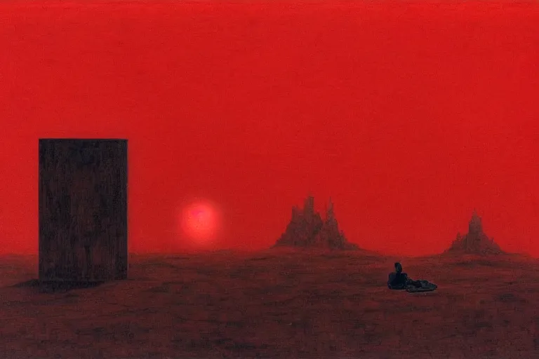 Prompt: only with red, a red shinigami eat apple, a city on mars in background, an ancient path, pathos, in the style of beksinski, part by hopper, part by rodcenko, part by hofbauer, intricate composition, red by caravaggio, insanely quality, highly detailed, masterpiece, red light, artstation